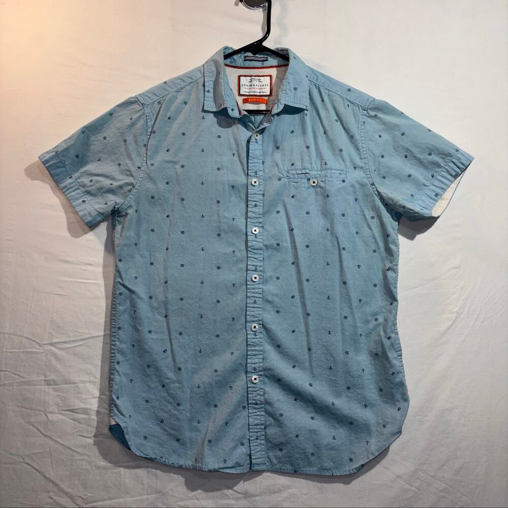 Denim & Flower Men’s Slim Fit Short Sleeve Nautical Print Shirt Light Blue